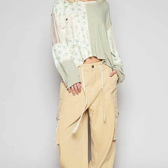 POL Women's Patchwork Blouse - Sage and Cream - Picture 4 of 14